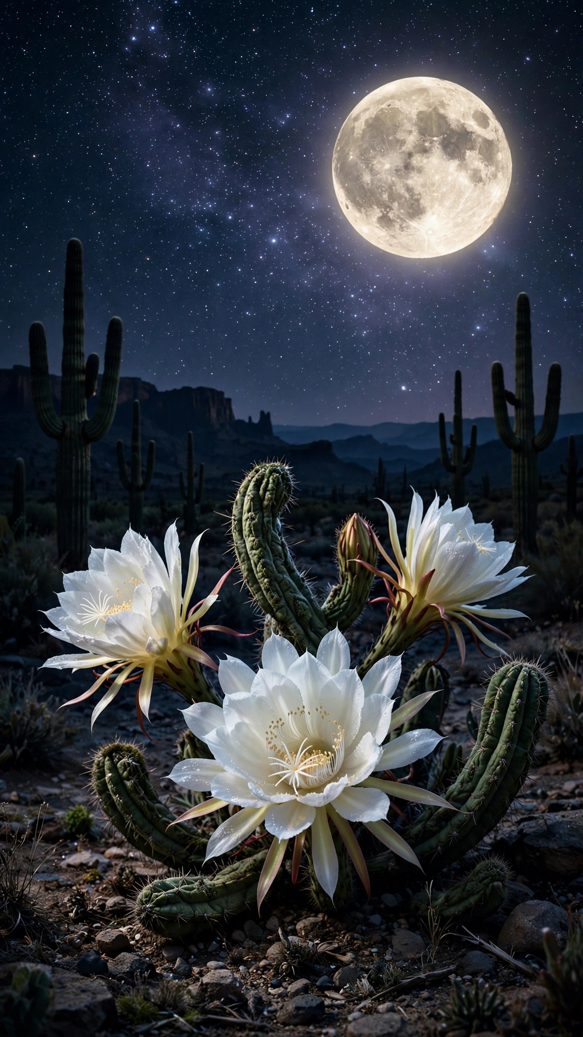 Night-blooming cactus flowers under a full moon in the starlit desert, nature wallpaper