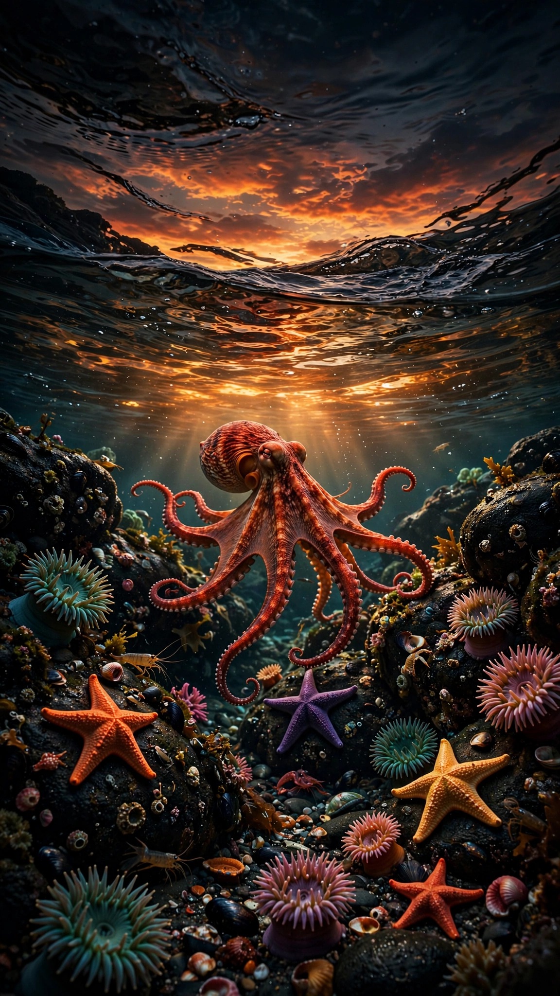 Red octopus in a tidepool at sunset with starfish and fiery sky reflections, nature wallpaper