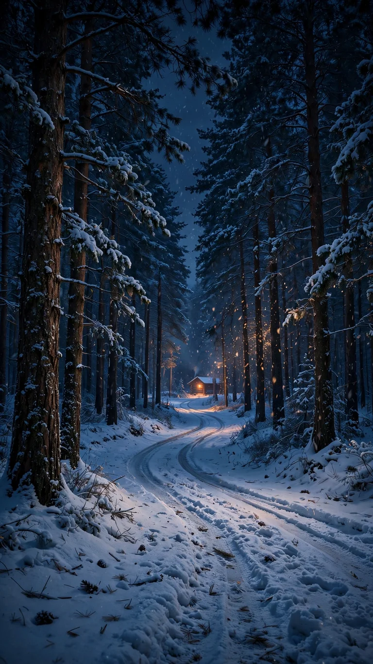 Snow-covered forest road at winter dusk with a distant cabin light, nature wallpaper