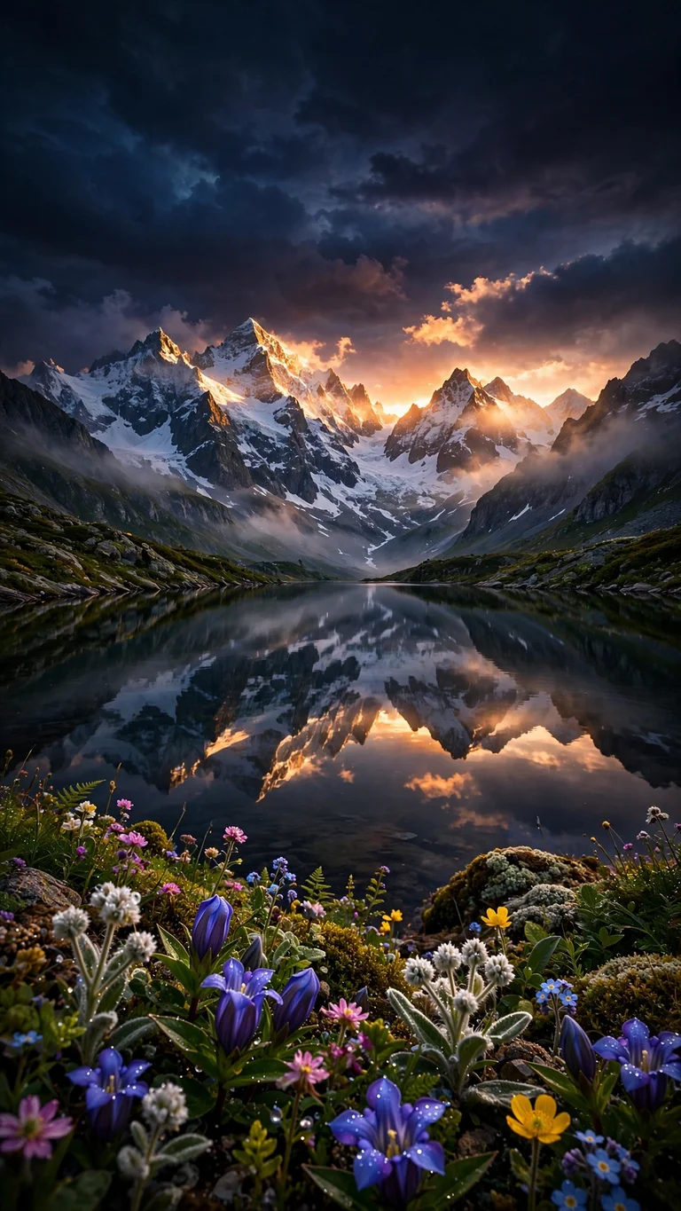 Alpine Lake Mirror Sunrise, vertical nature wallpaper