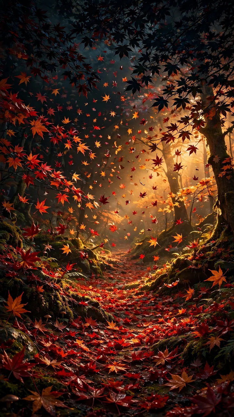 Autumn Maple Forest Path, vertical nature wallpaper