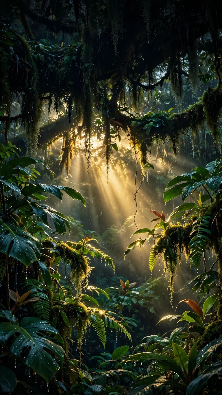 Rainforest Canopy Sunrays, vertical nature wallpaper