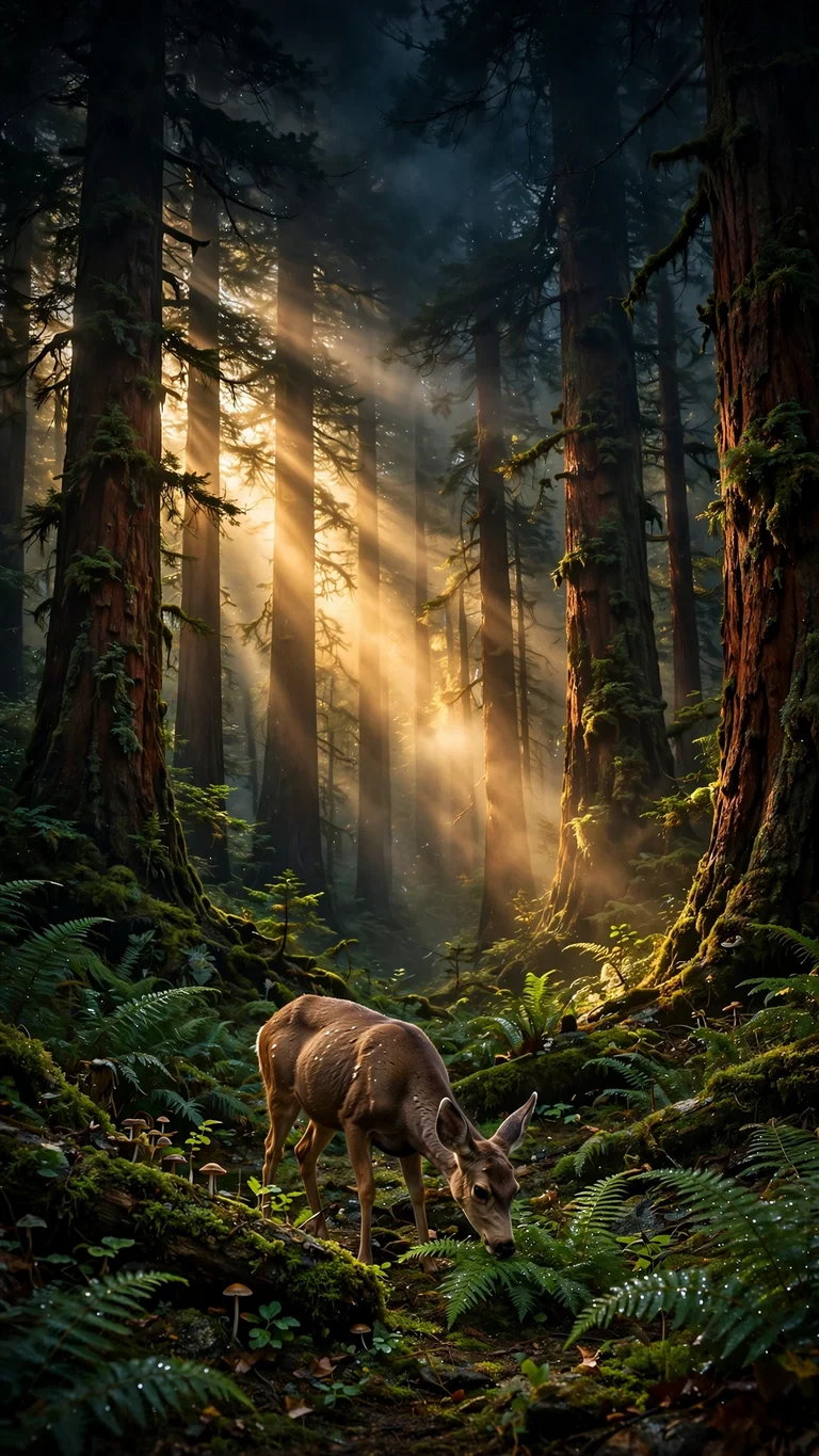 Redwood Forest Deer Dawn, vertical nature wallpaper