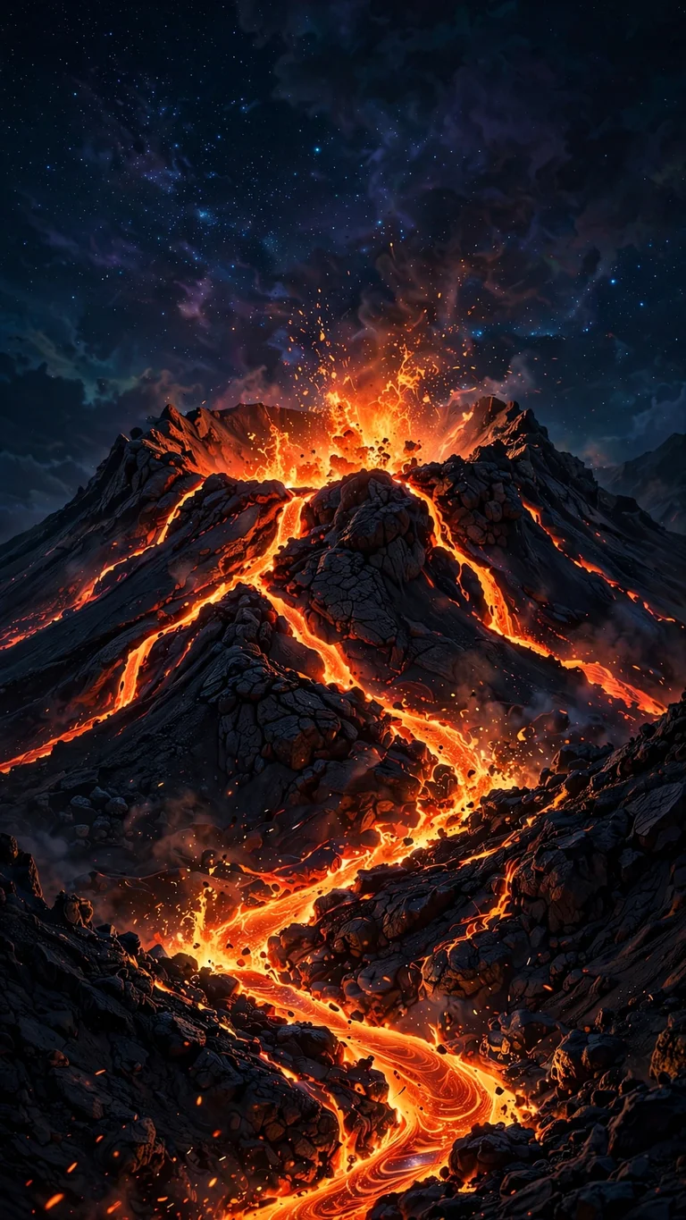 Volcano Eruption at Night, vertical nature wallpaper