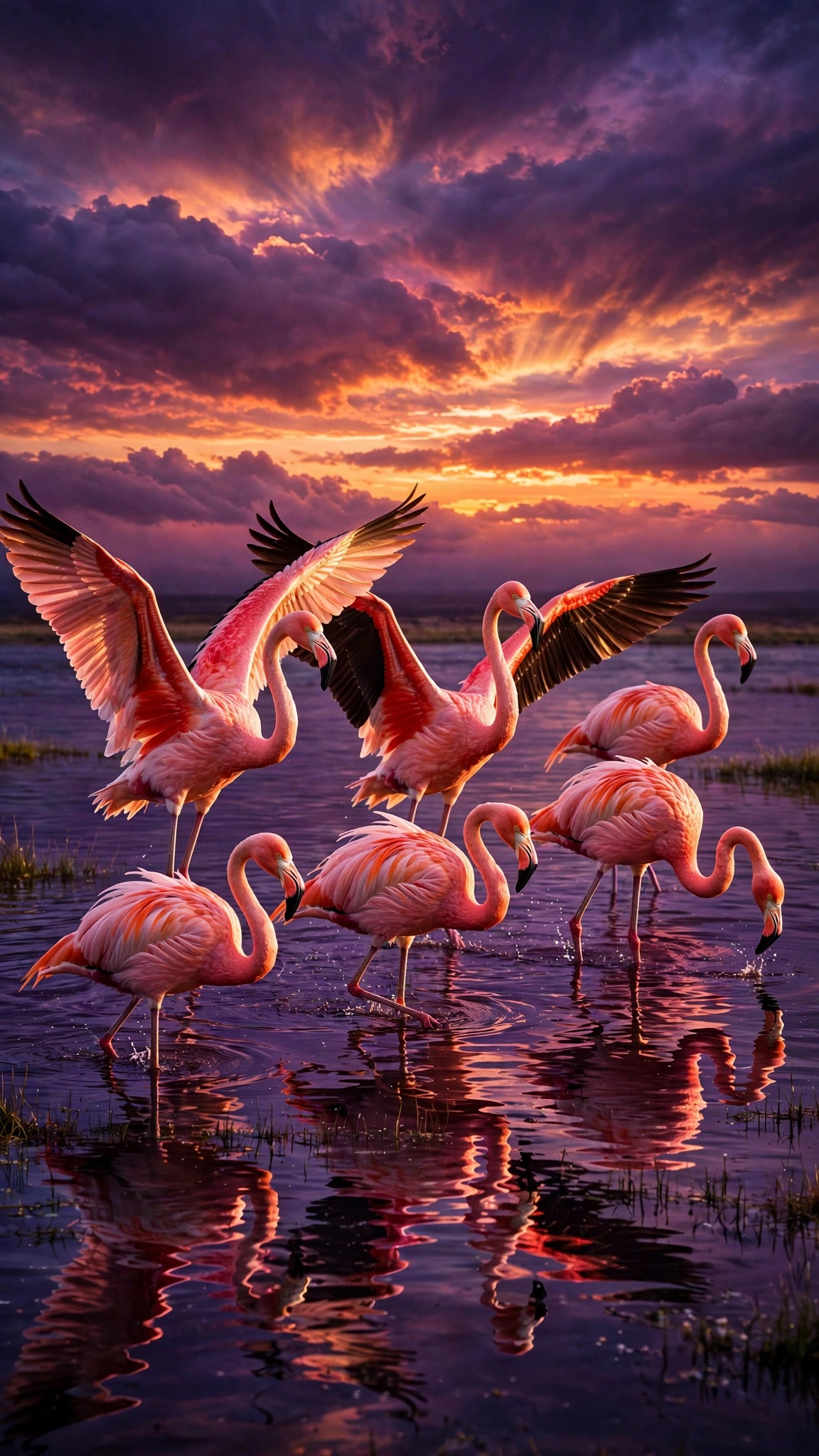 Flamingos wading in a pink lagoon at sunset with reflections, nature 9:16 wallpaper
