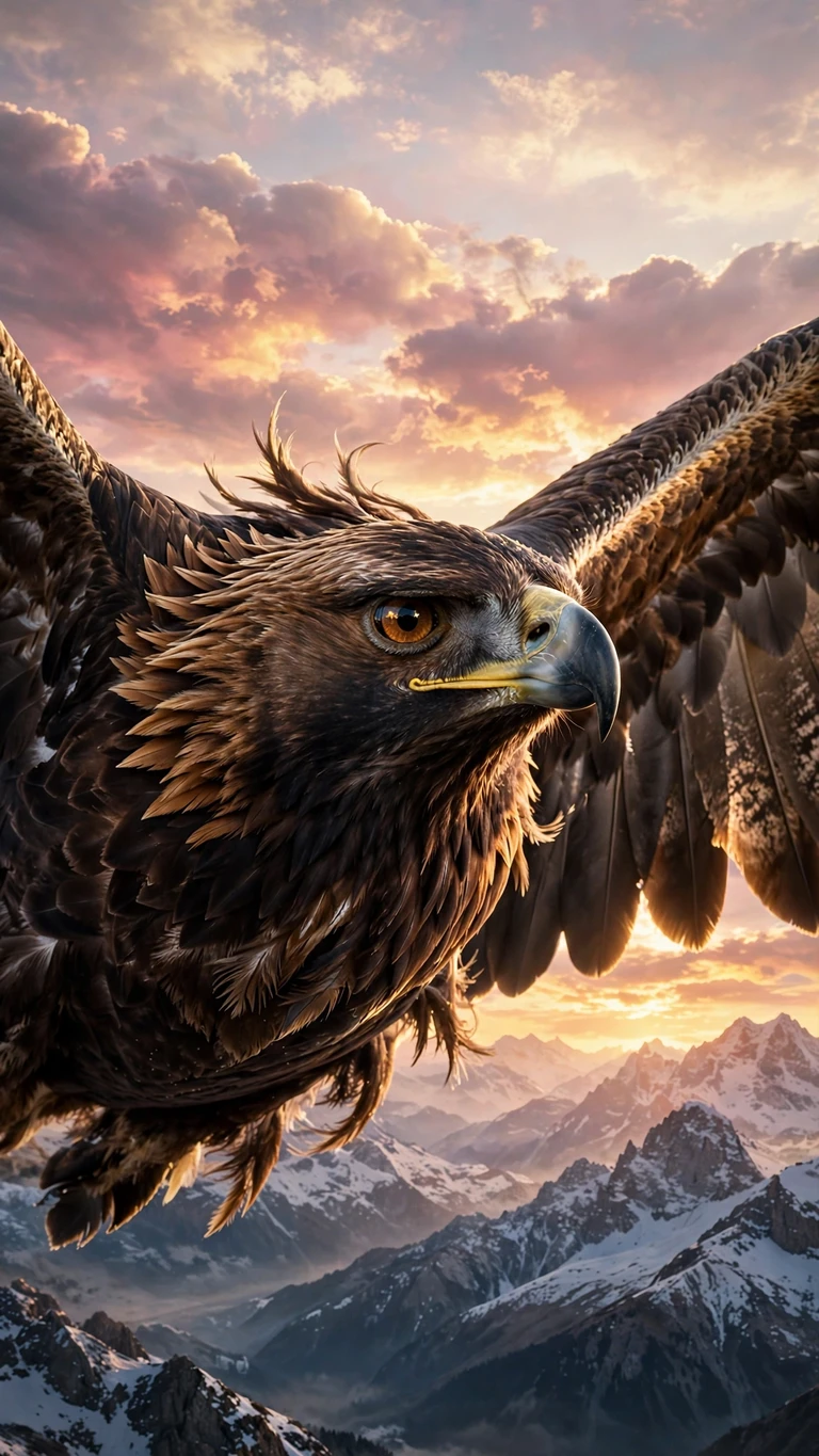 Golden eagle soaring over snowy alpine peaks at dawn, nature 9:16 wallpaper