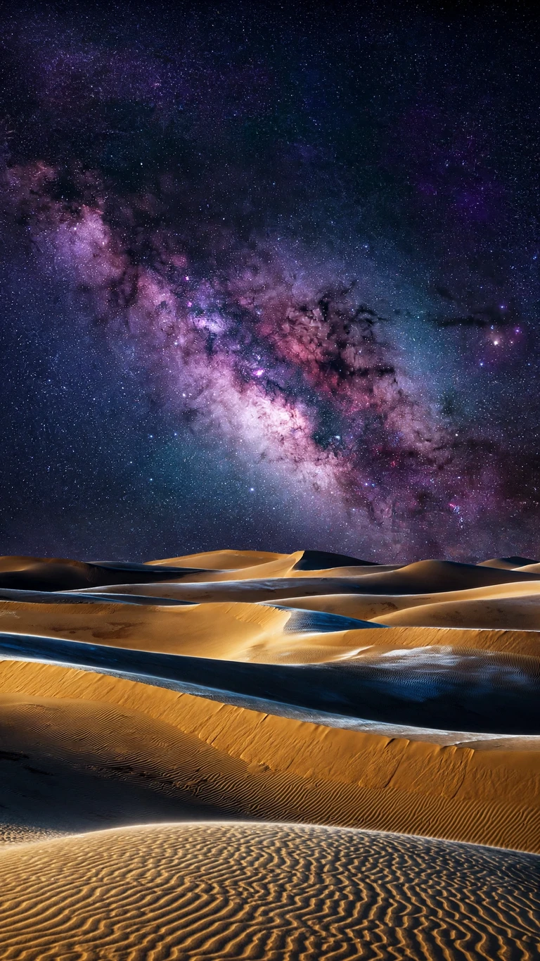 Milky Way galaxy over rippled desert sand dunes at night, nature 9:16 wallpaper