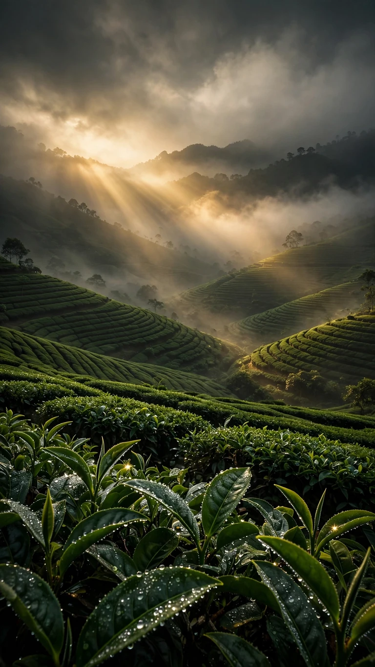 Misty emerald tea plantation terraces with golden god rays at dawn, nature 9:16 wallpaper