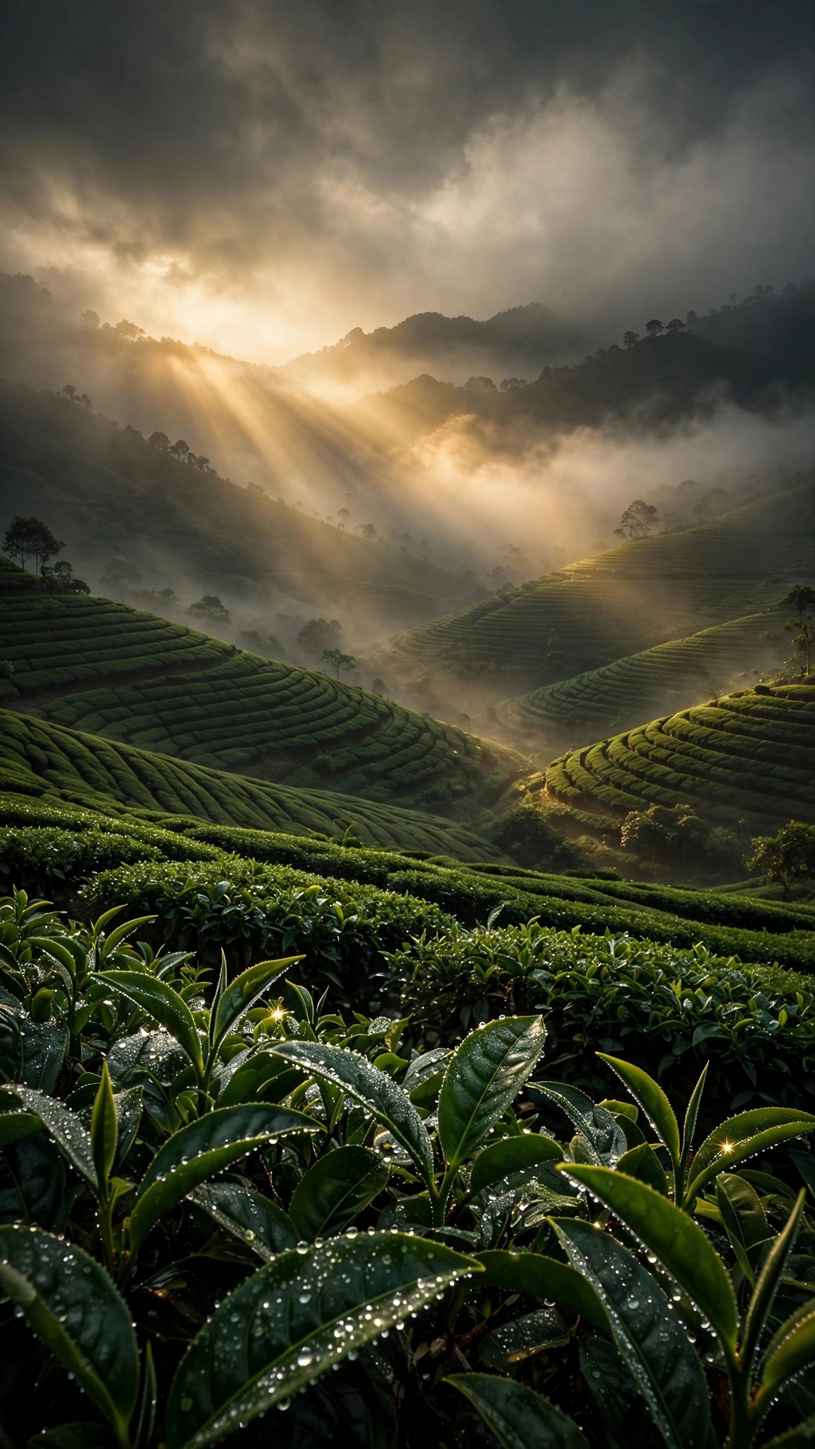 Misty emerald tea plantation terraces with golden god rays at dawn, nature 9:16 wallpaper