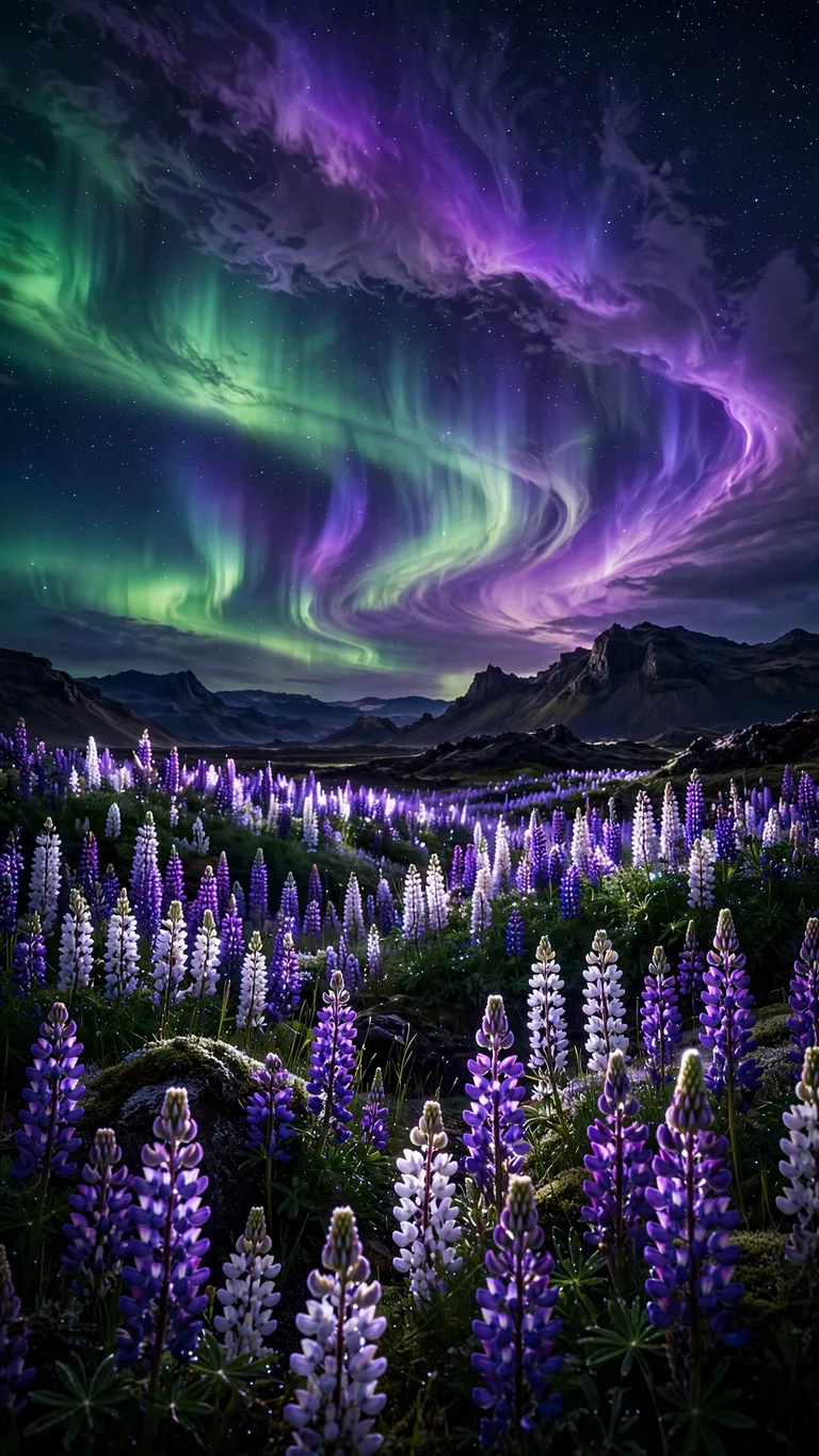 Northern lights over glowing lupine flower meadows in Iceland at night, vertical nature wallpaper