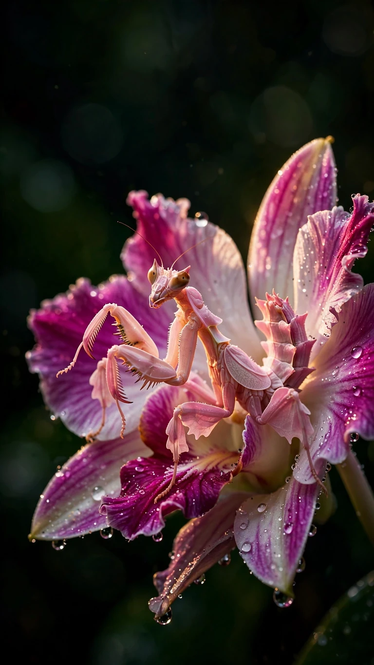 Pink orchid mantis on magenta orchid flower in extreme macro, nature 9:16 wallpaper
