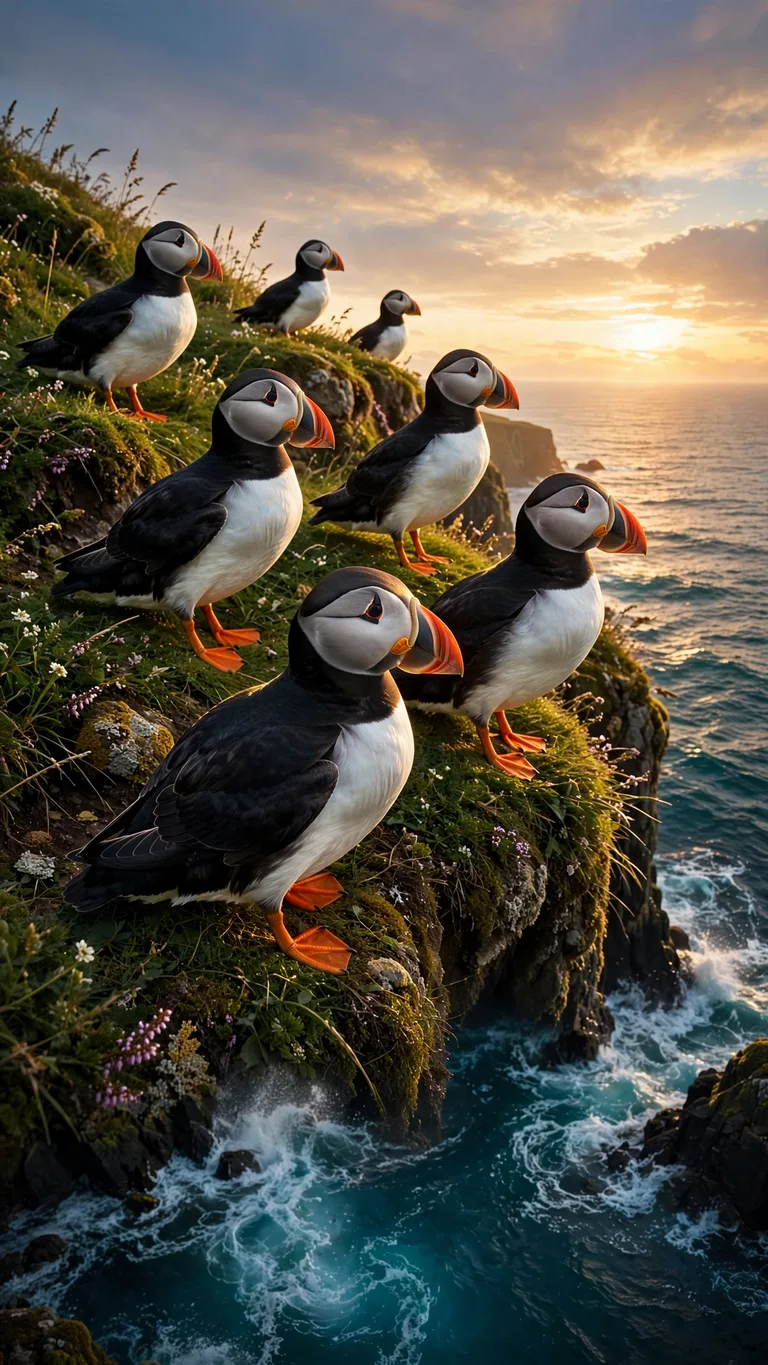 Atlantic puffins perched on grassy sea cliffs at golden hour over the sea, vertical nature wallpaper