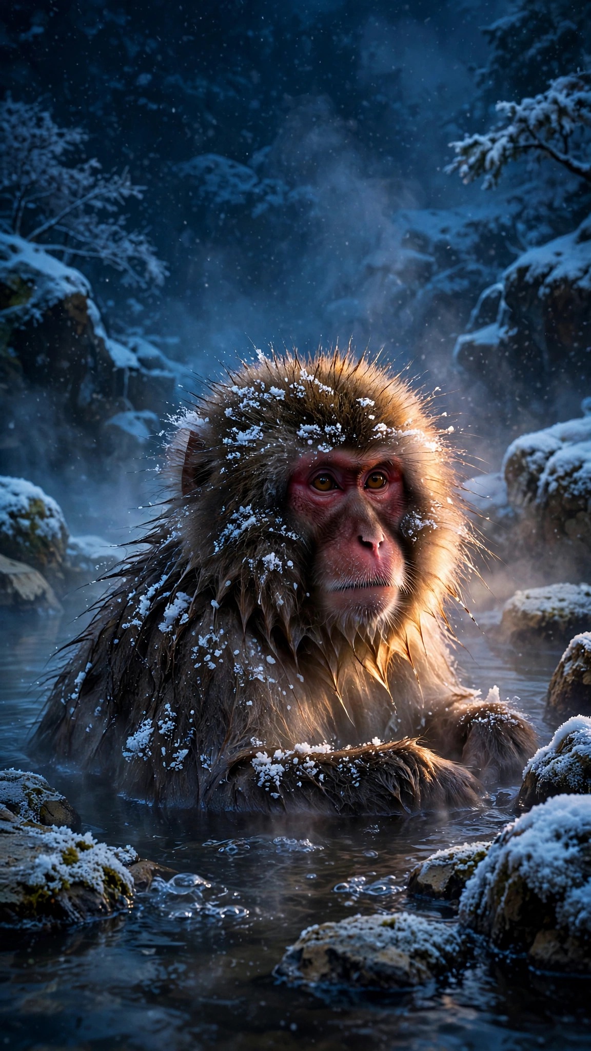 Snow monkey bathing in a steaming hot spring with snow-covered rocks in winter, vertical nature wallpaper