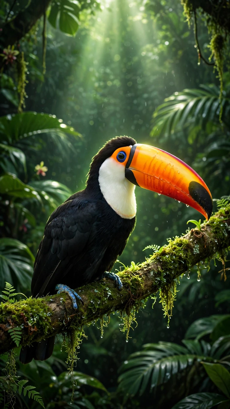 Toco toucan with orange beak on mossy branch in misty rainforest, nature 9:16 wallpaper