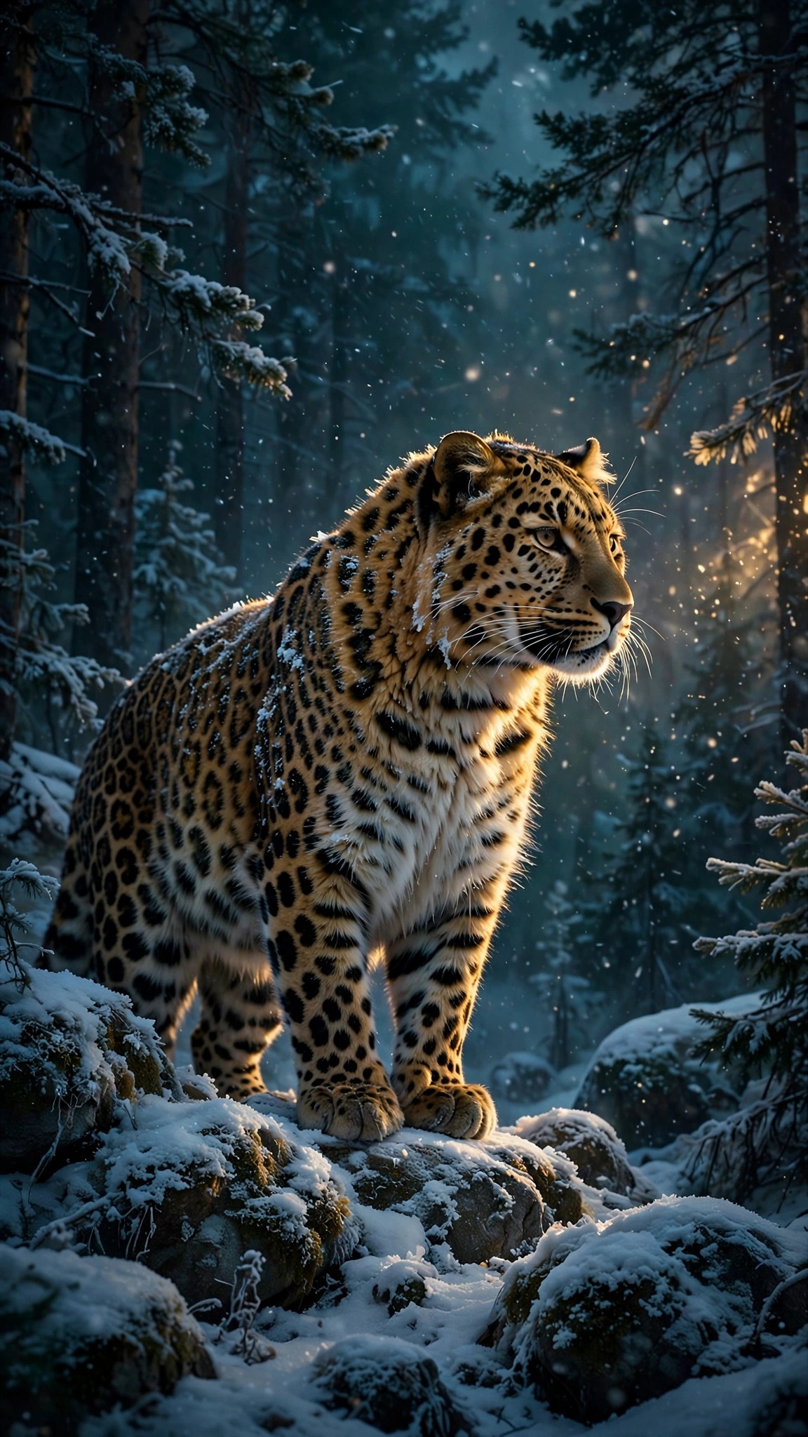 Amur leopard standing on snowy rocks in a winter taiga forest with falling snow, vertical nature wallpaper