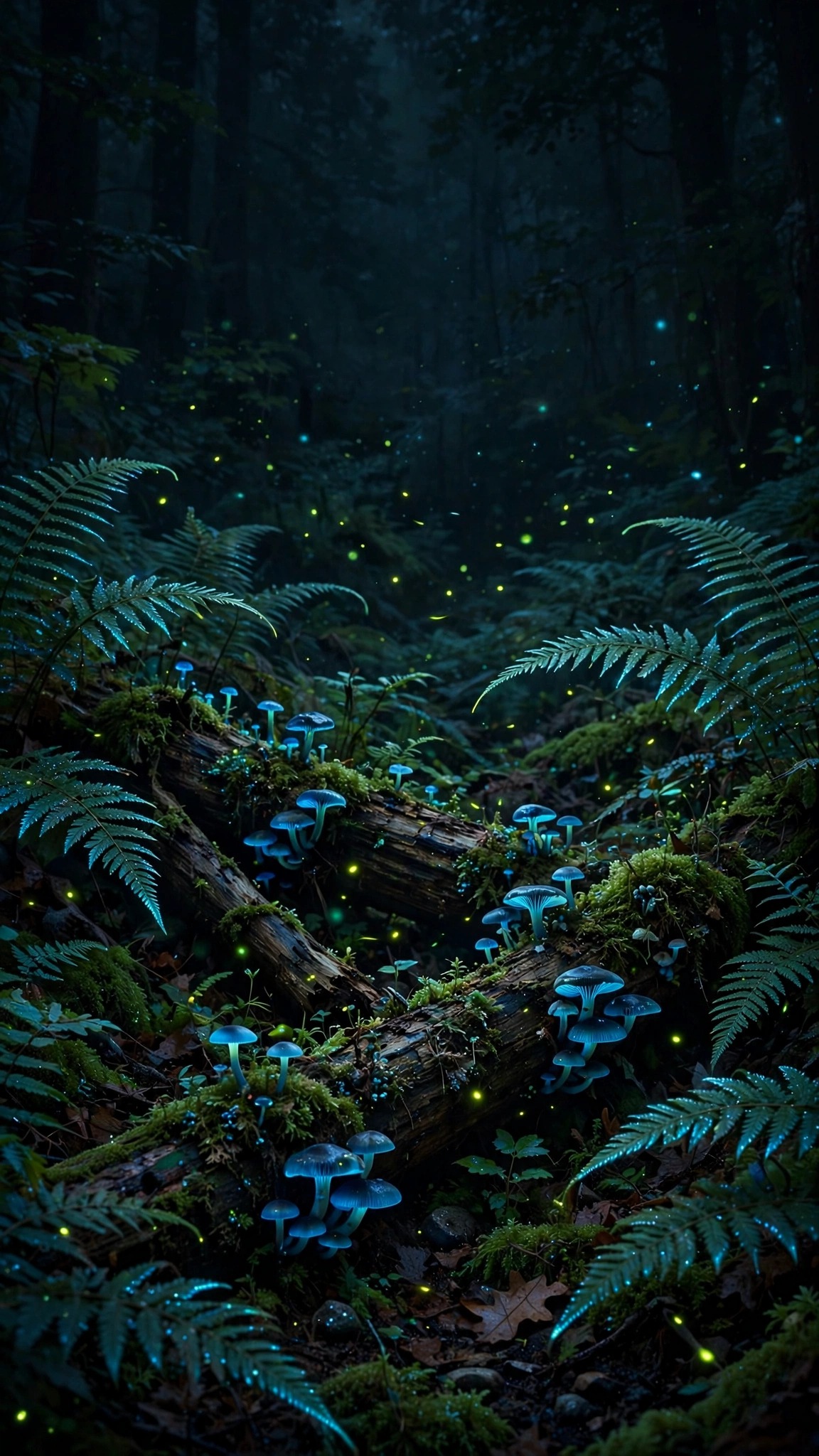 Bioluminescent blue mushrooms glowing on mossy logs in a dark night forest, vertical nature wallpaper