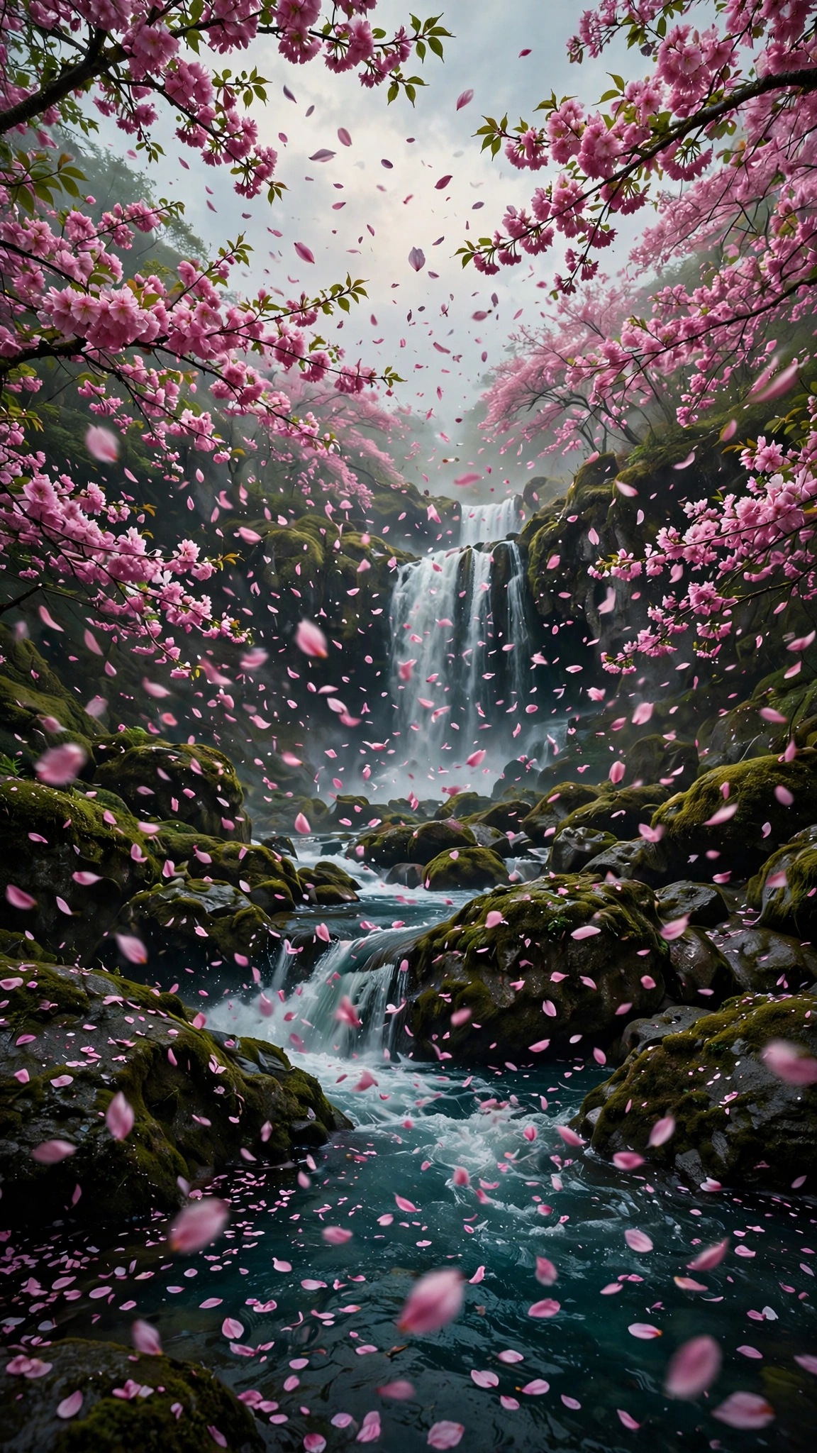 Pink cherry blossom petals storming over a waterfall with mossy rocks, vertical nature wallpaper