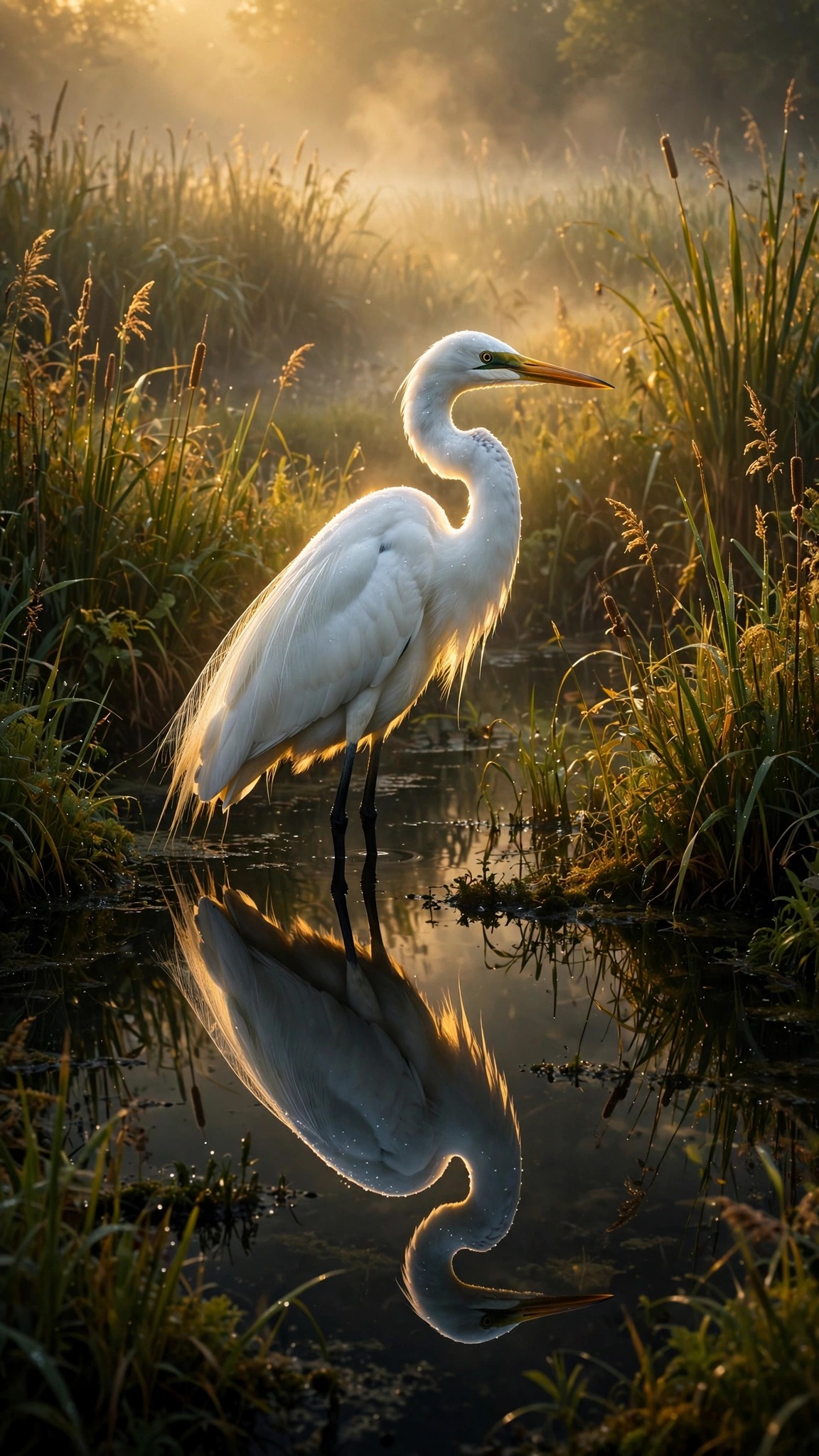 Great egret standing in a misty marsh at dawn with golden reflection, vertical nature wallpaper
