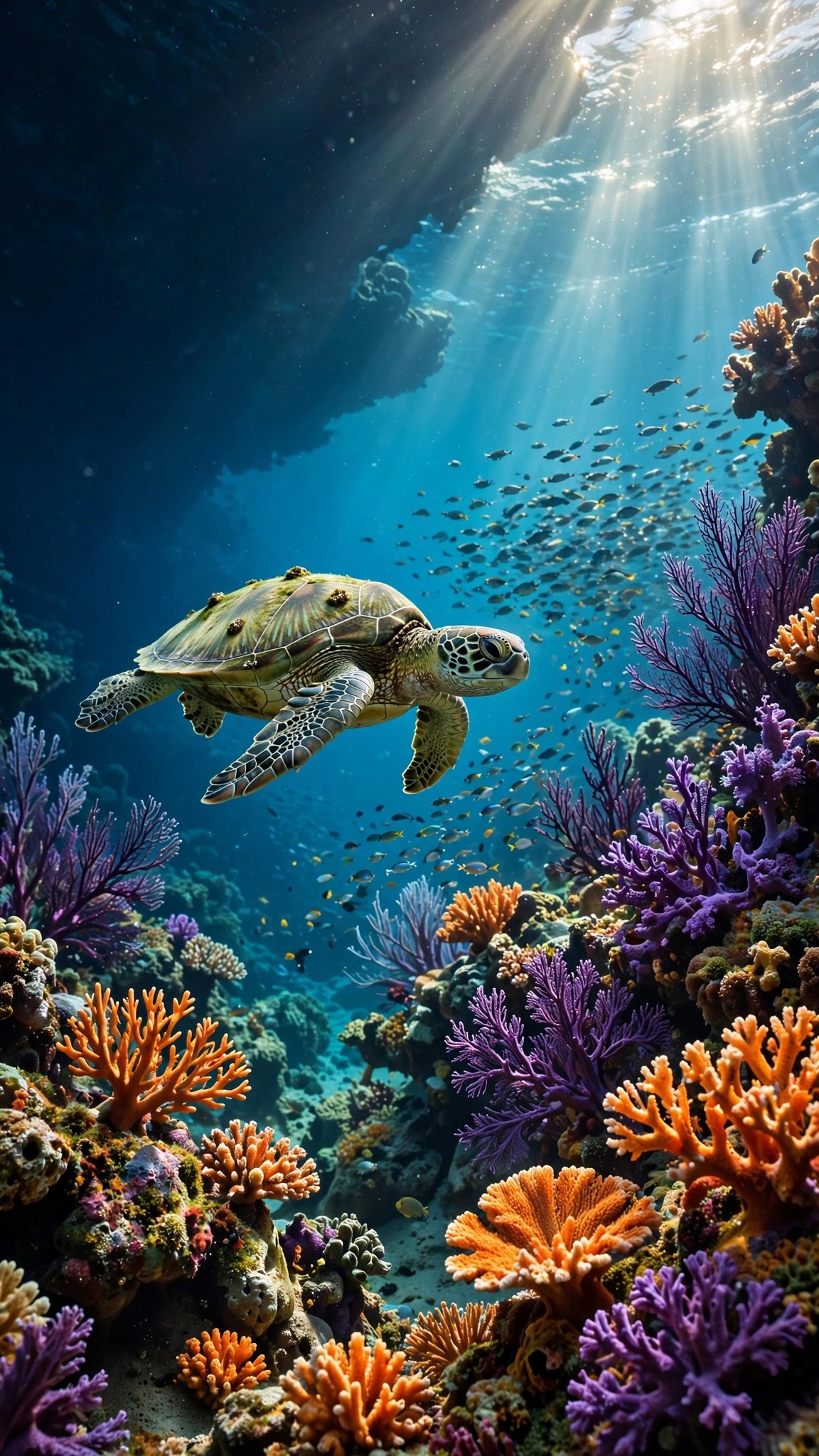 Sea turtle gliding through a sunlit turquoise coral canyon with schooling fish, vertical nature wallpaper