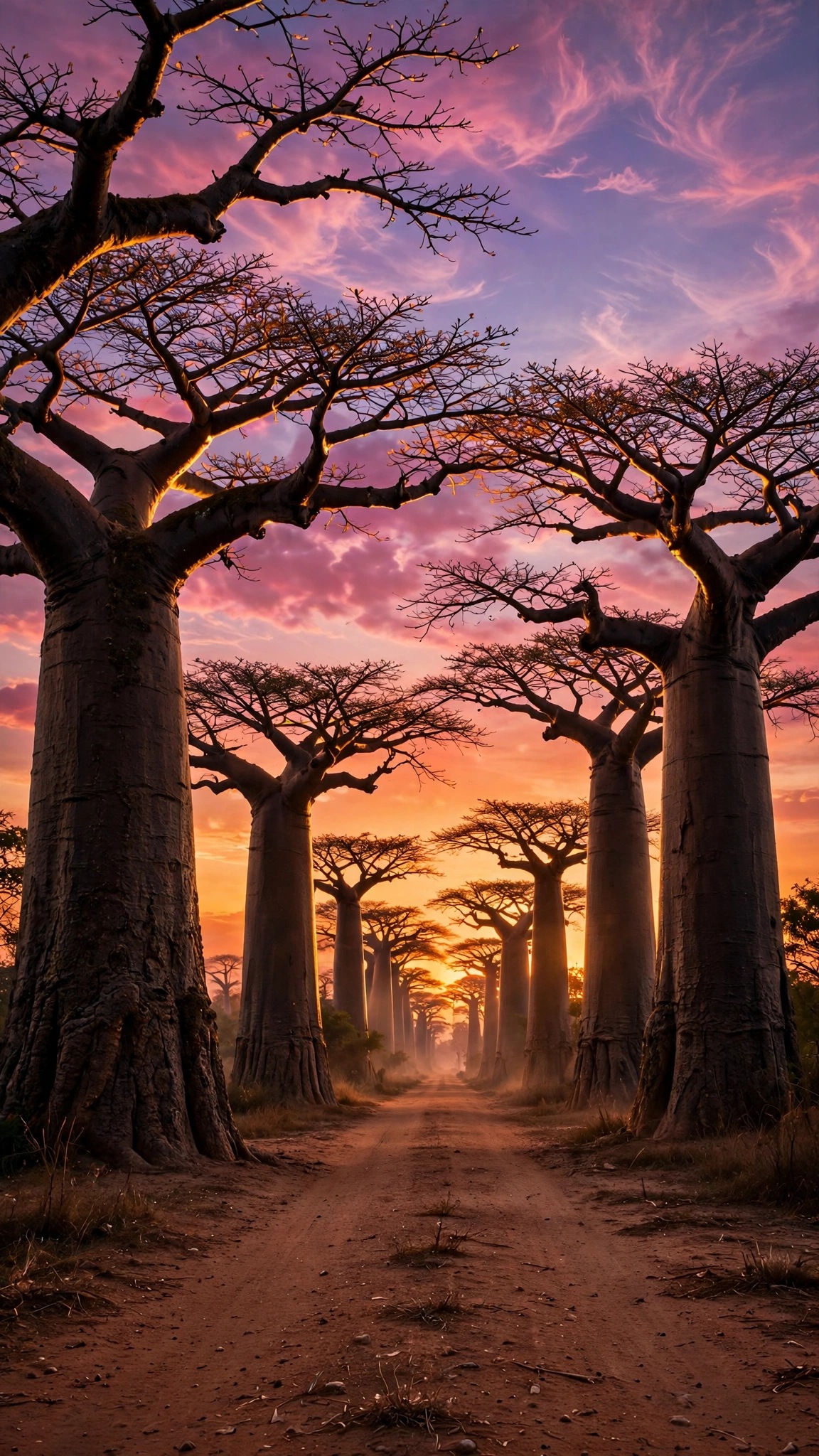 Baobab avenue under a lilac dusk sky with a dusty red road, vertical nature wallpaper