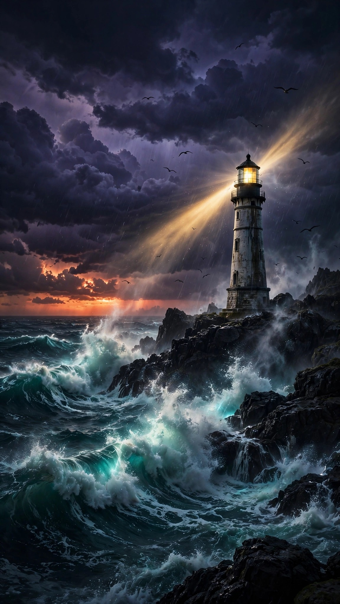 Lighthouse beam in a dusk storm with crashing teal waves, vertical nature wallpaper