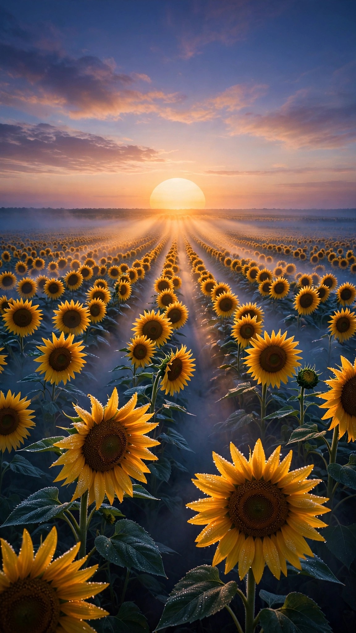 Sunflower field at golden dawn with mist and god rays, vertical nature wallpaper