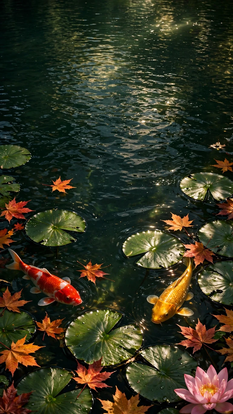 Crimson and gold koi swimming among lily pads and autumn leaves, vertical nature wallpaper
