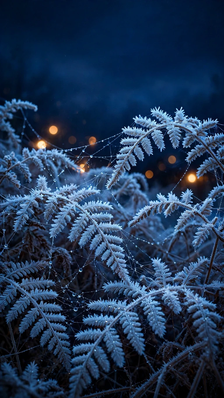 Fern fronds coated in crystalline hoarfrost at blue hour, vertical nature wallpaper