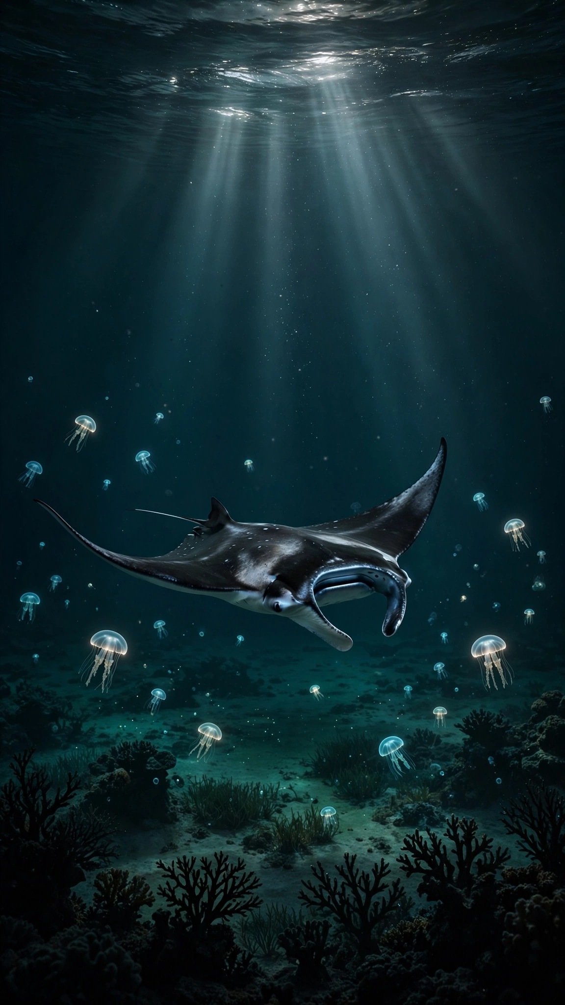 Manta ray gliding through moonlit tropical lagoon with jellyfish, vertical nature wallpaper