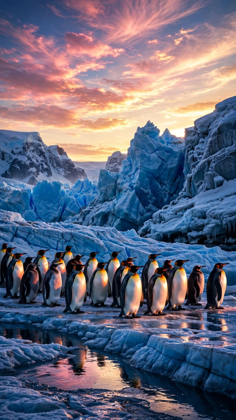 King penguin colony on an ice shelf at rose-gold dawn, vertical nature wallpaper