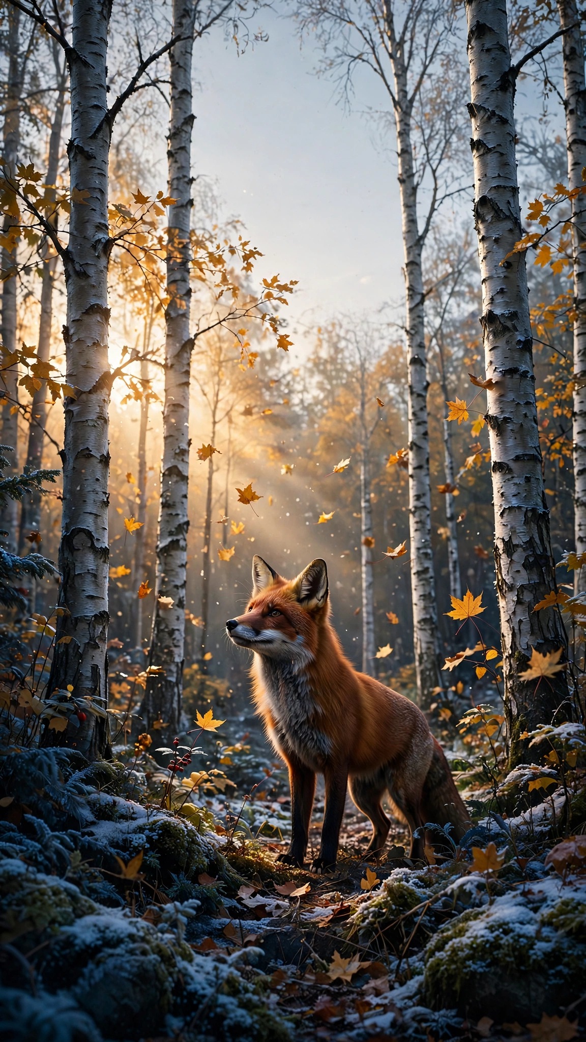 Red fox standing among birch trees with golden autumn leaves and first snow, vertical nature wallpaper
