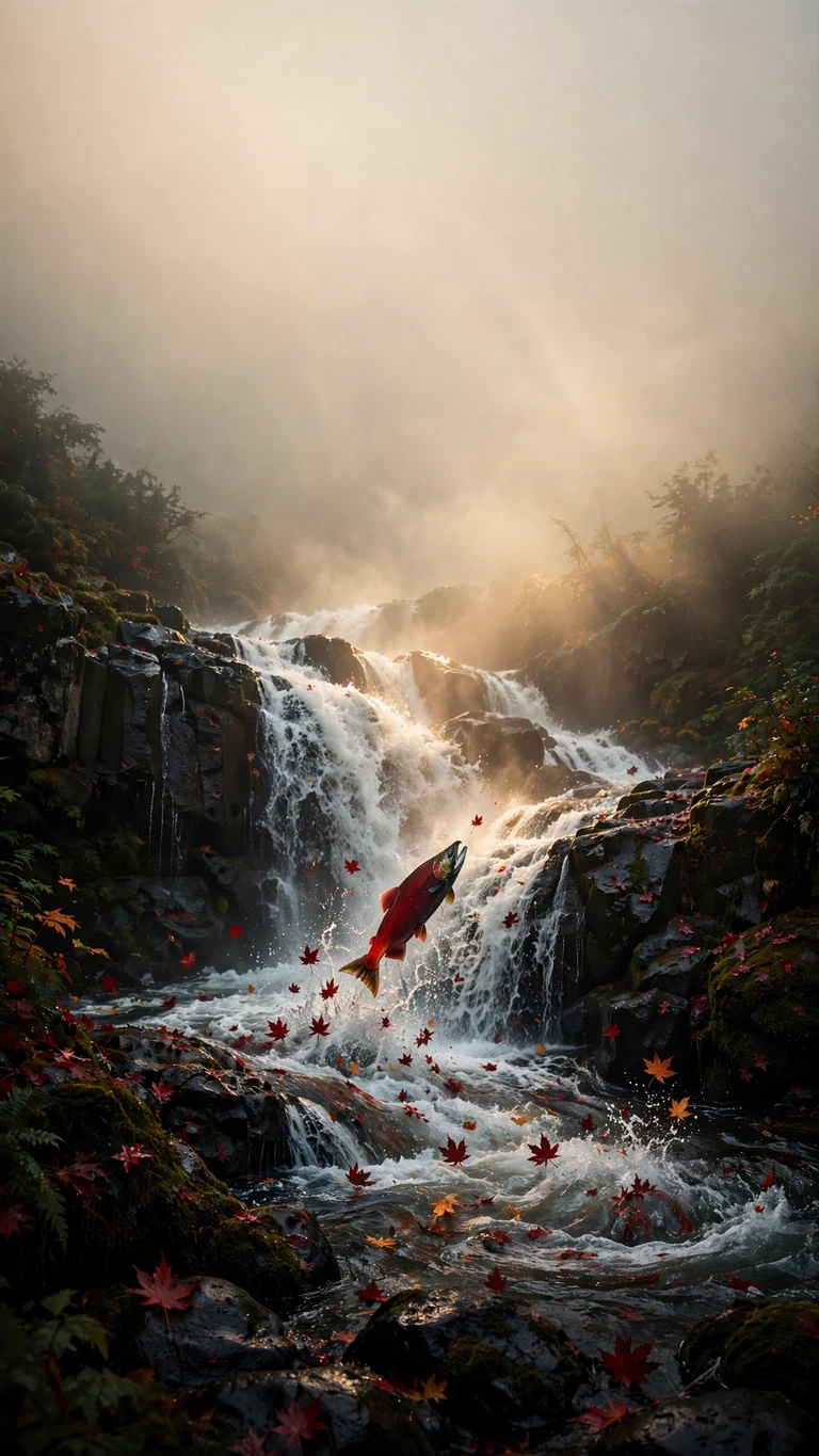 Red salmon leaping up a roaring waterfall with autumn maple leaves, vertical nature wallpaper