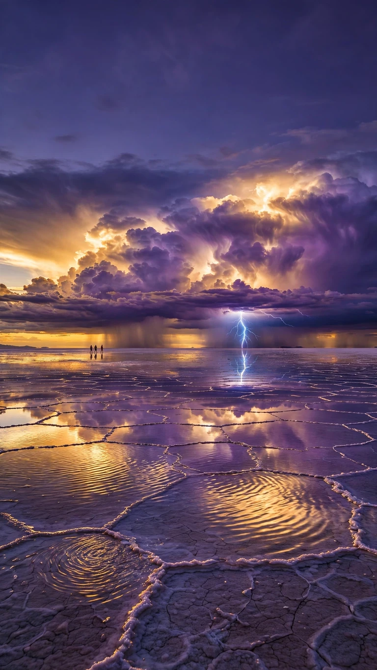 Flooded salt flat mirroring a storm sky with lightning at sunset, vertical nature wallpaper