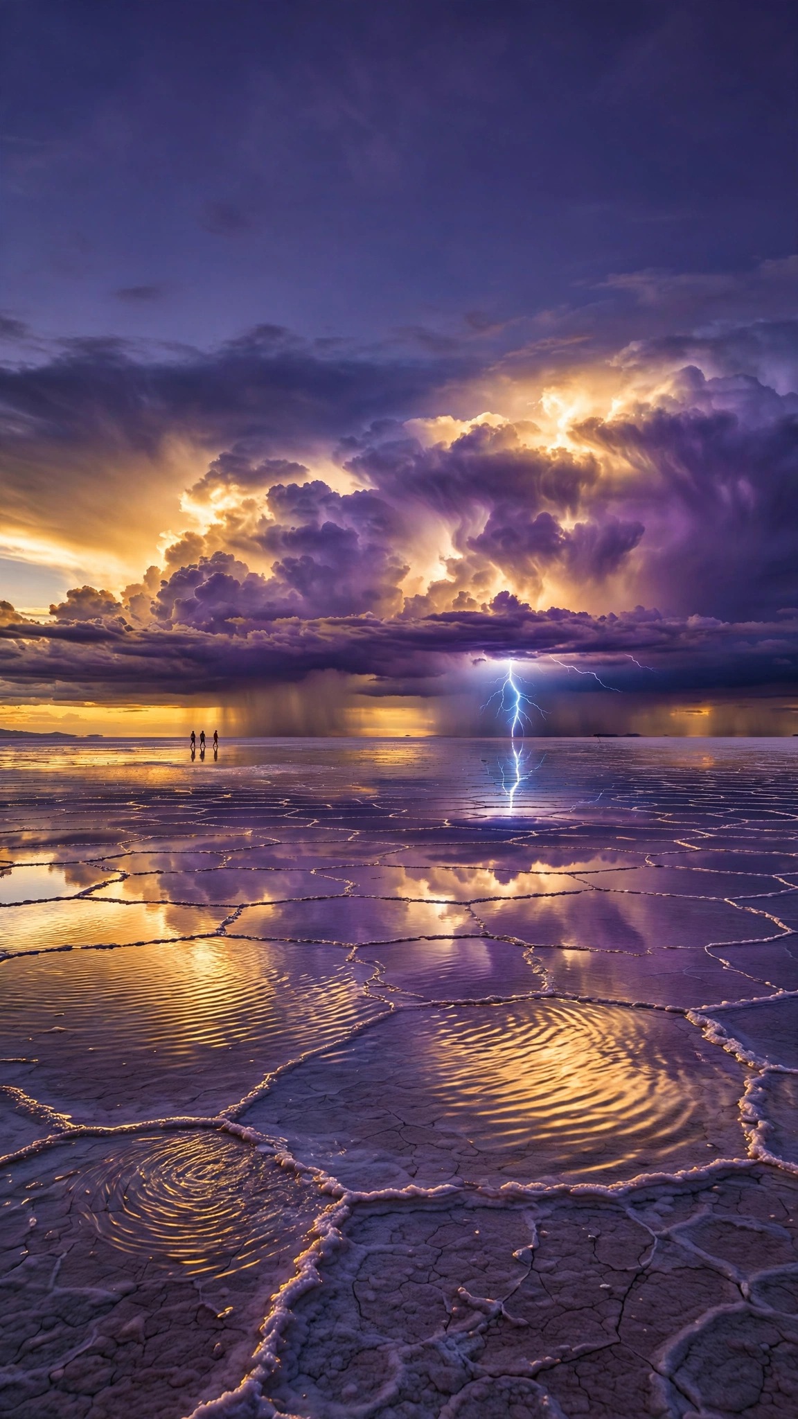 Flooded salt flat mirroring a storm sky with lightning at sunset, vertical nature wallpaper