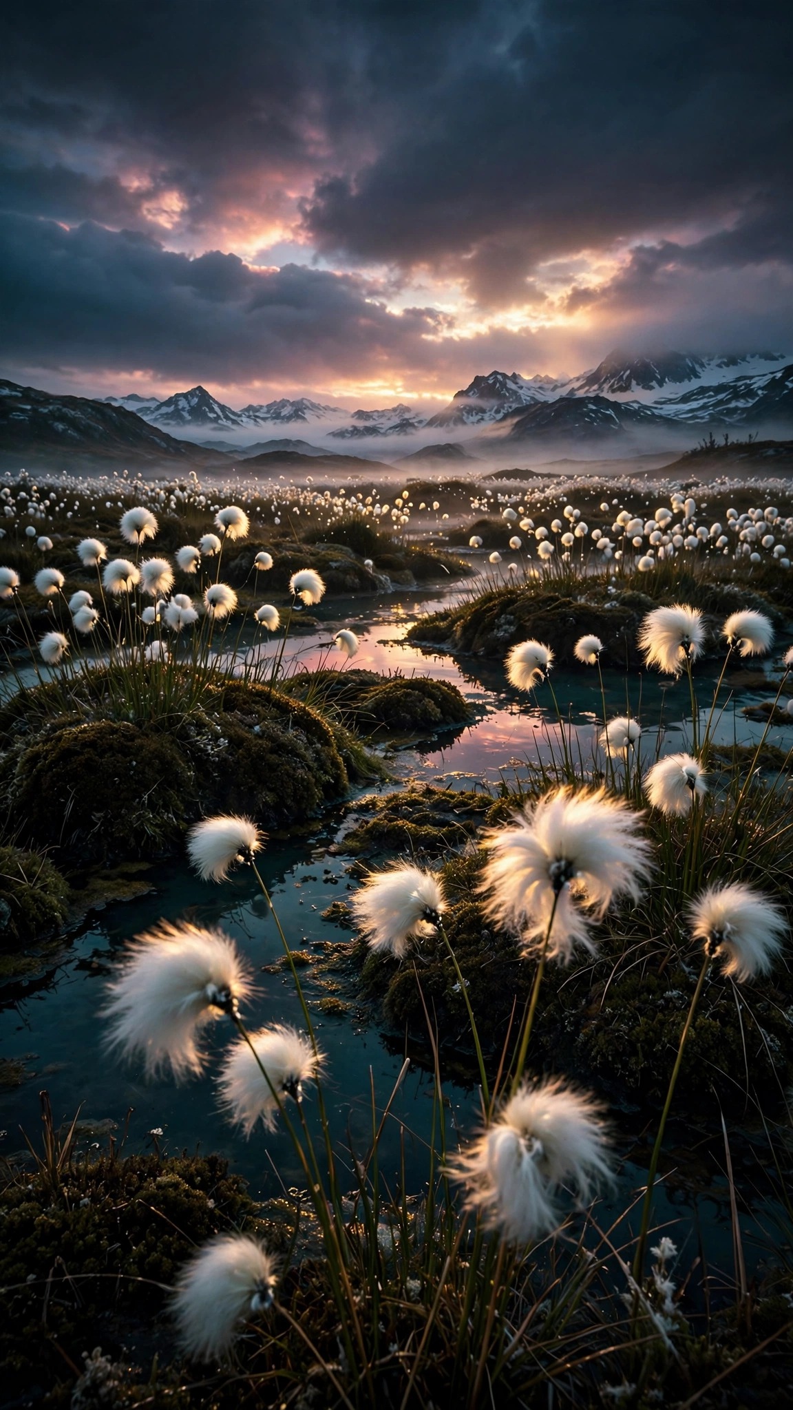 Cotton grass swaying over arctic marsh at sunrise, glowing seed heads, teal pools, vertical nature wallpaper