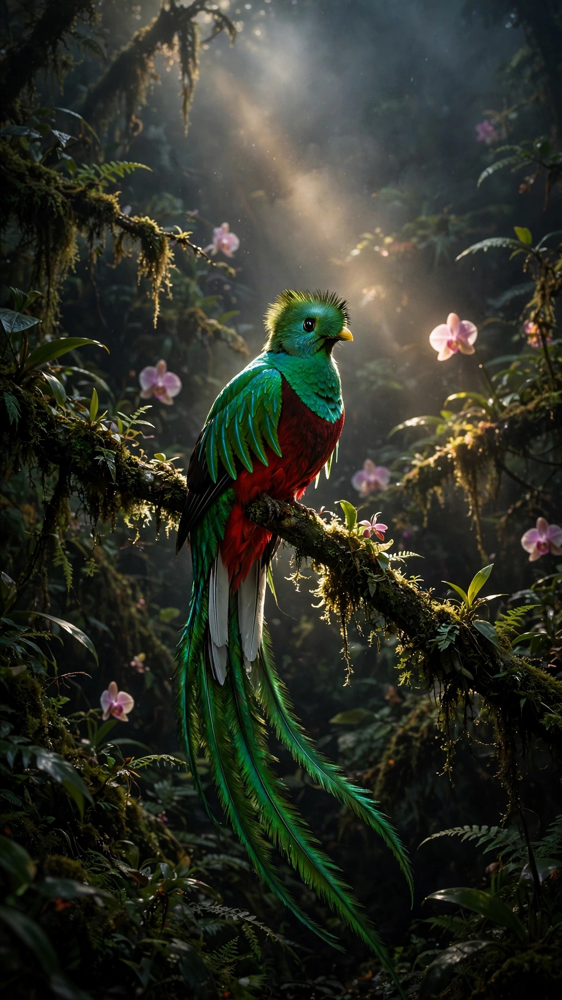 Emerald quetzal with long tail feathers in misty cloud forest, glowing orchids, vertical nature wallpaper