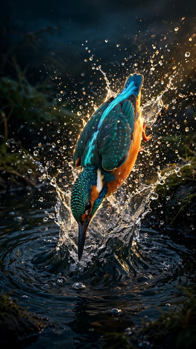 Kingfisher diving into river with water splash frozen in golden light, macro nature wallpaper