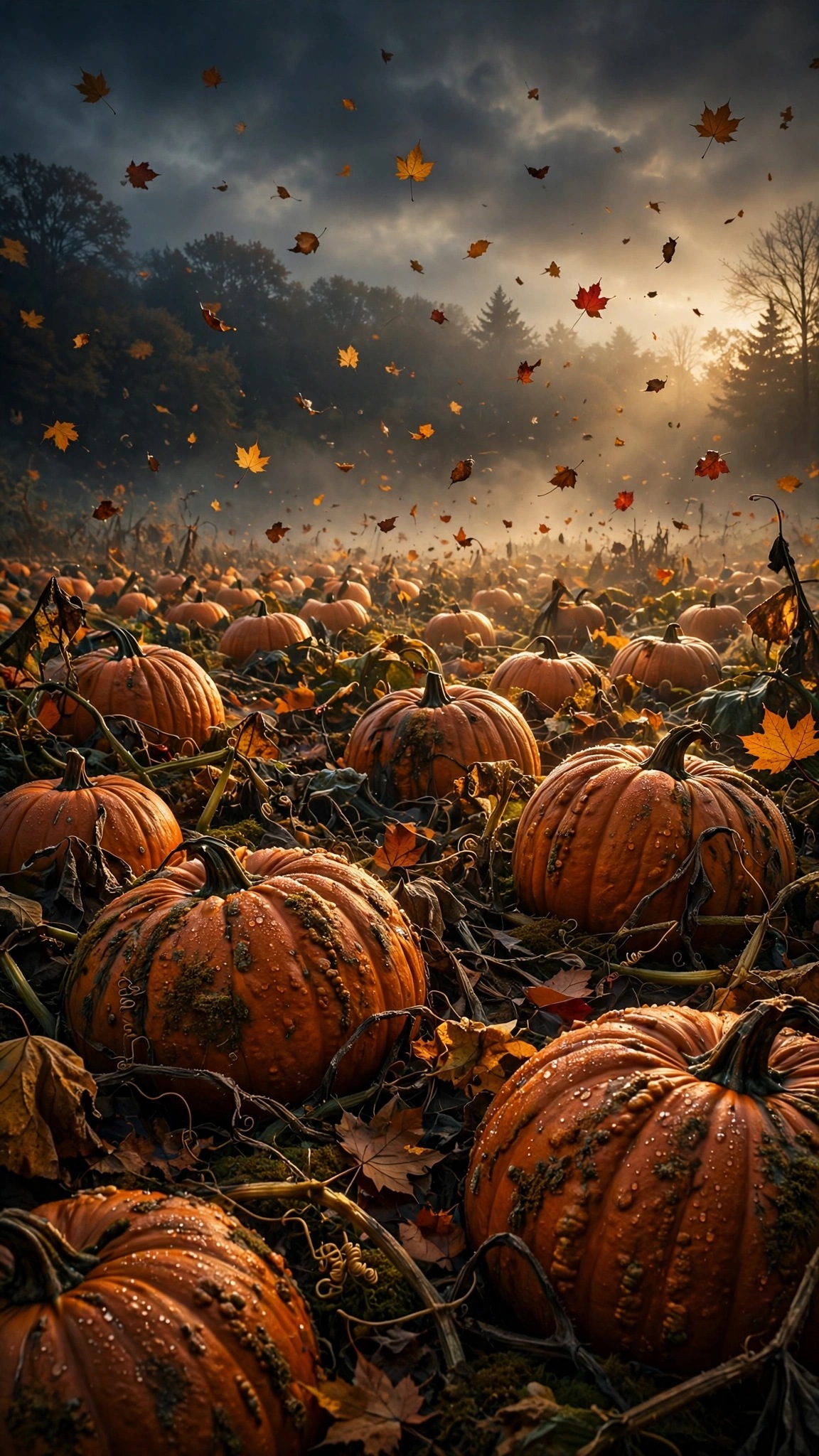 Pumpkin patch at harvest in October, orange pumpkins with vines, mist and falling leaves, vertical wallpaper