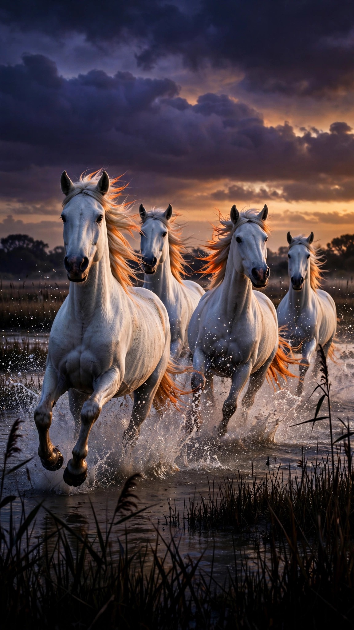 White Camargue horses galloping through marsh water spray at sunset, dramatic nature wallpaper