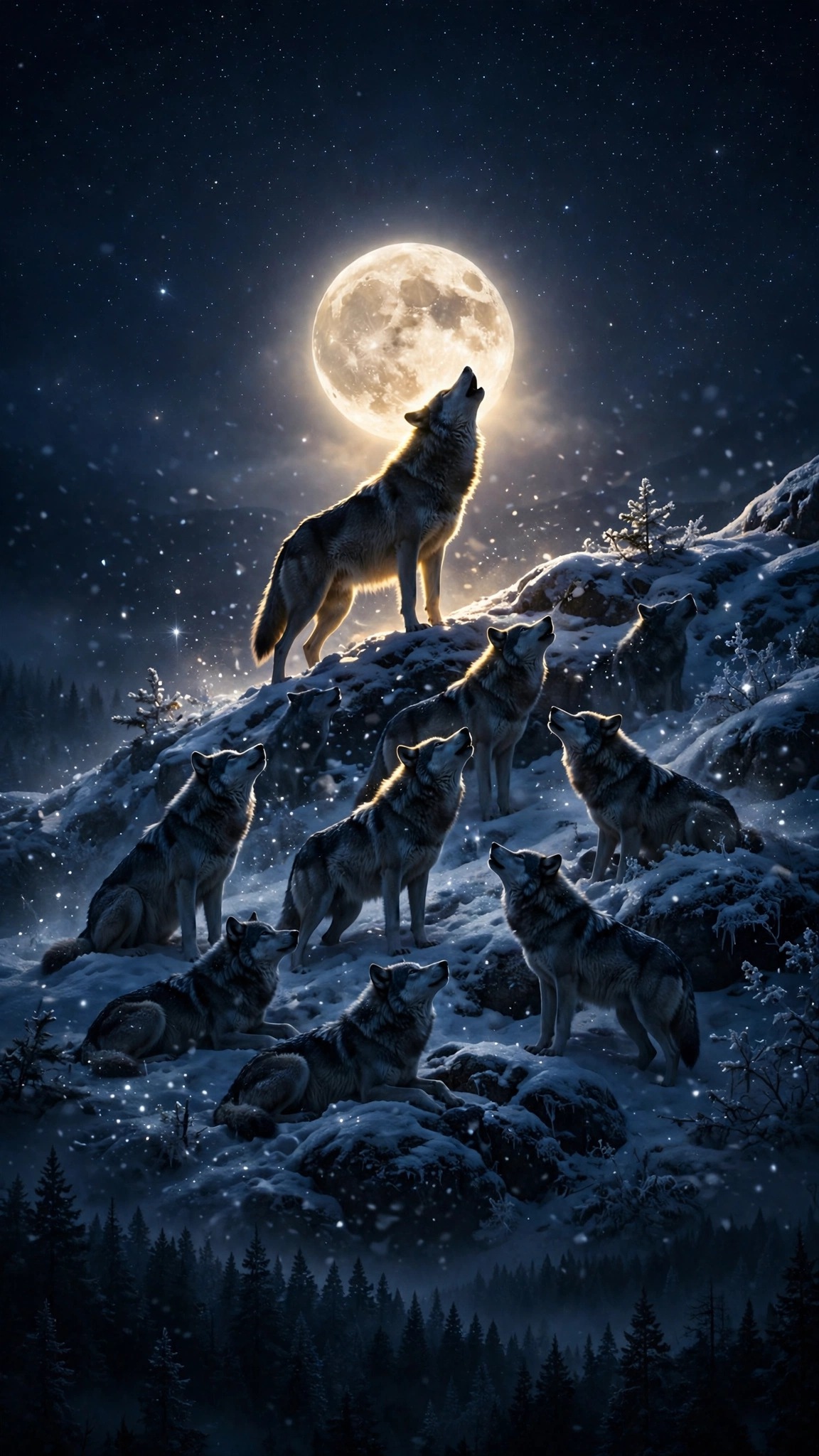 Wolf pack on snowy ridge at winter moonrise, wolf howling against full moon, vertical nature wallpaper
