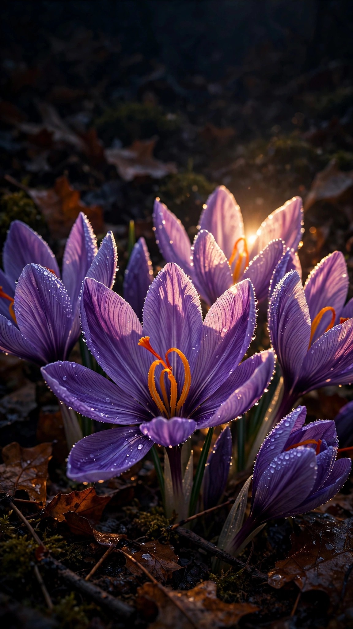 Purple saffron crocus flowers with dew drops at dawn, glowing orange stamens, vertical nature macro wallpaper