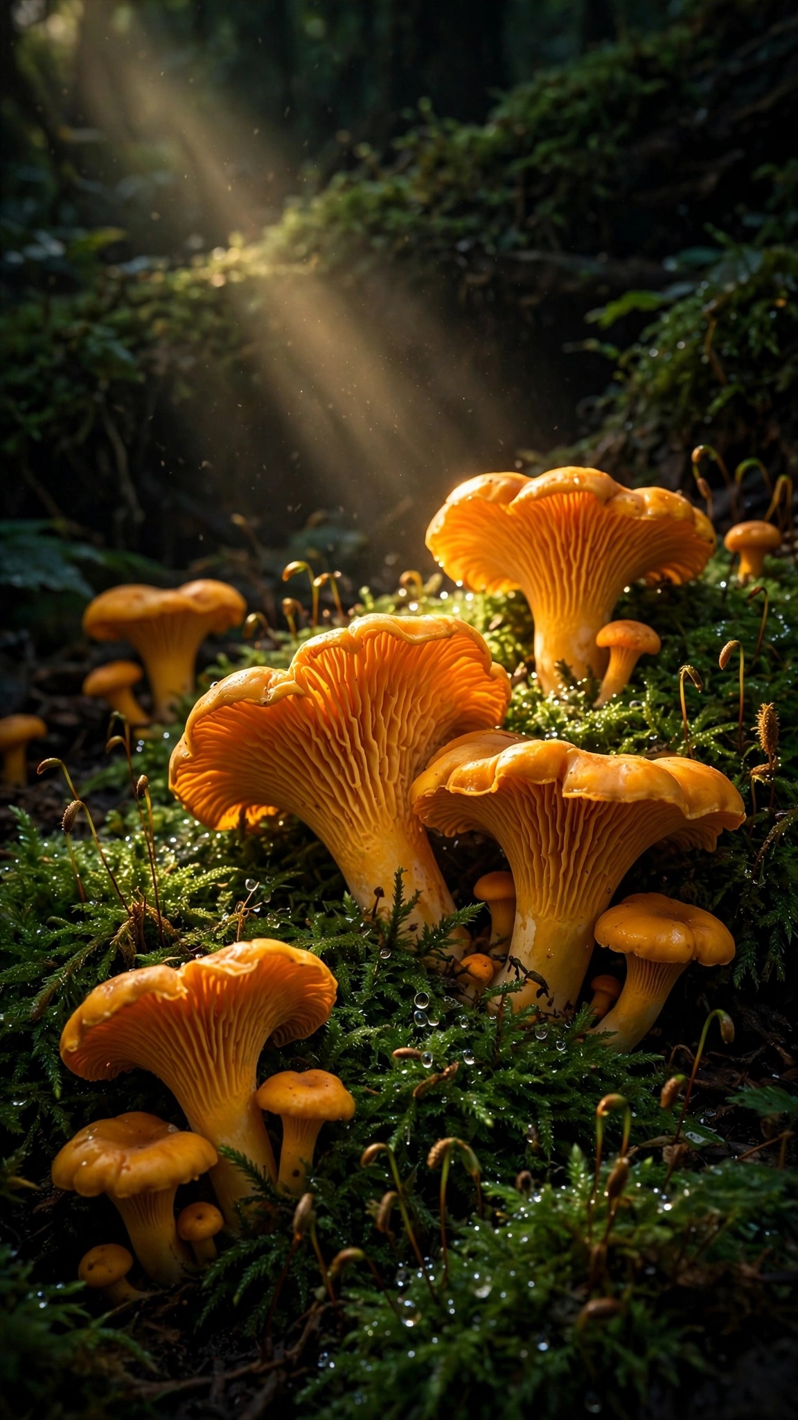 Golden chanterelle mushrooms in green moss with a dappled sunbeam in a dark forest, vertical nature macro wallpaper
