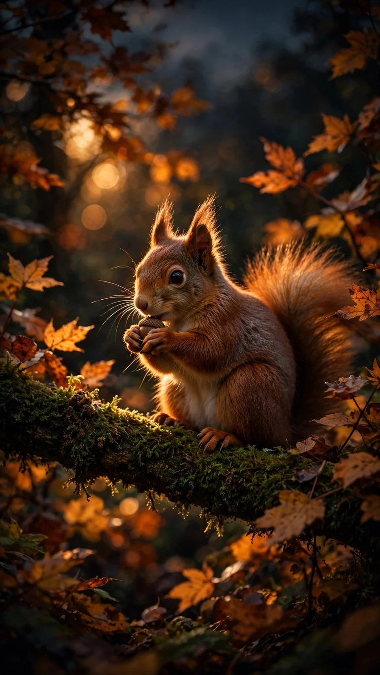 Red squirrel holding an acorn on a mossy branch in an autumn forest with golden backlight, vertical nature wallpaper
