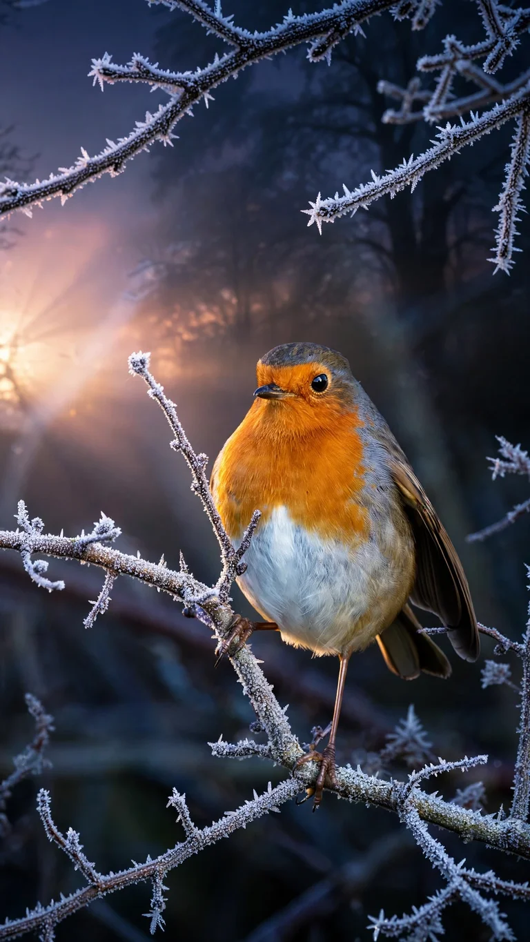 European robin with glowing red breast on a frost-covered branch at dawn with sunrise through winter mist, vertical nature wallpaper