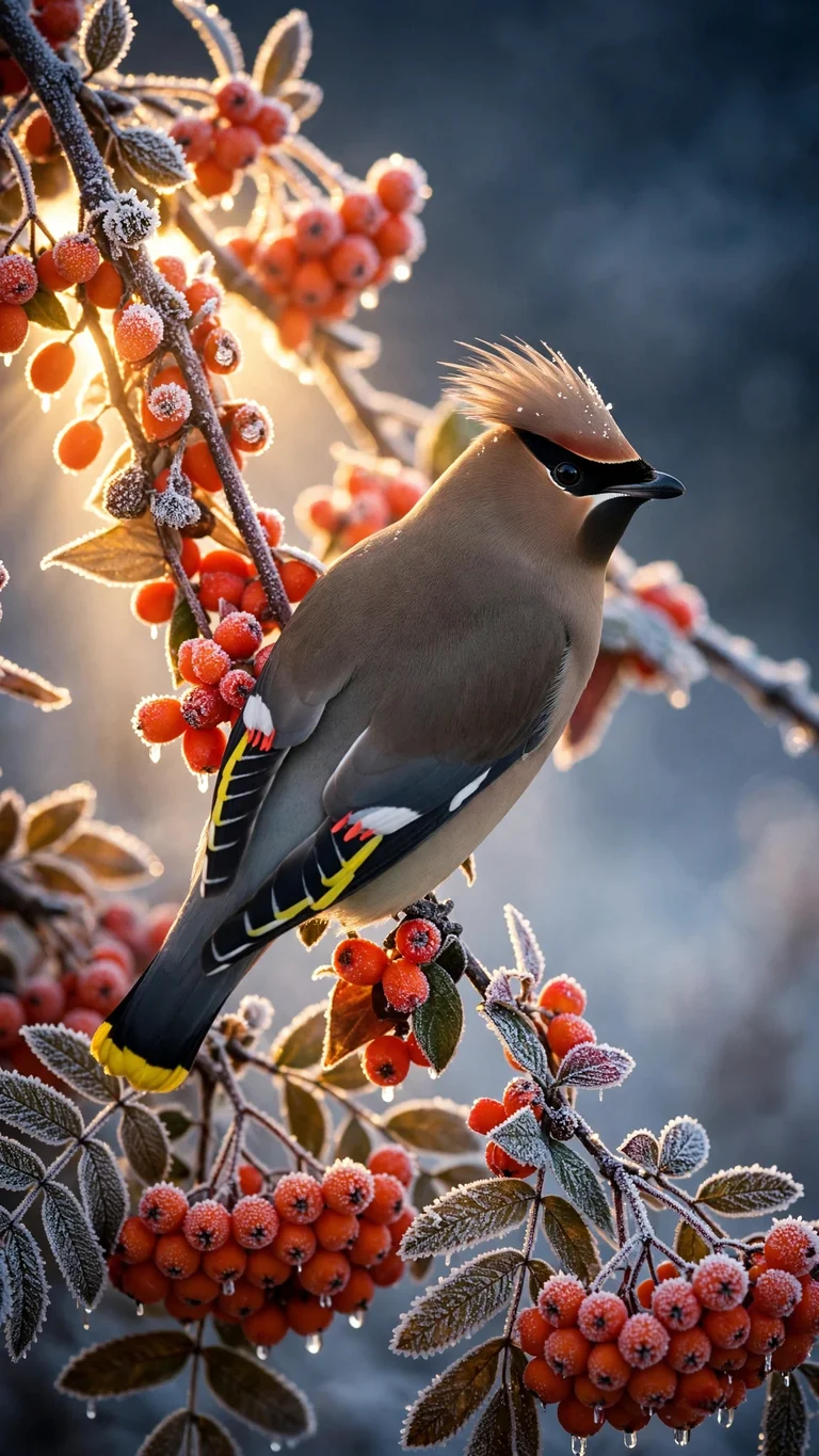 Bohemian waxwing on a branch with frost-covered orange rowan berries in winter morning light, vertical nature wallpaper