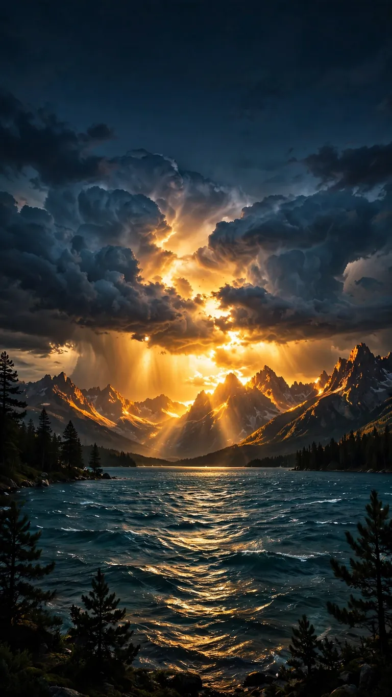 Phone wallpaper of storm clouds over alpine lake