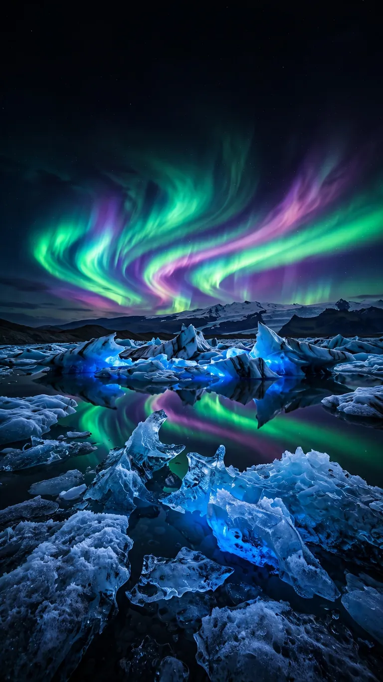 Phone wallpaper of aurora borealis over glacier lagoon