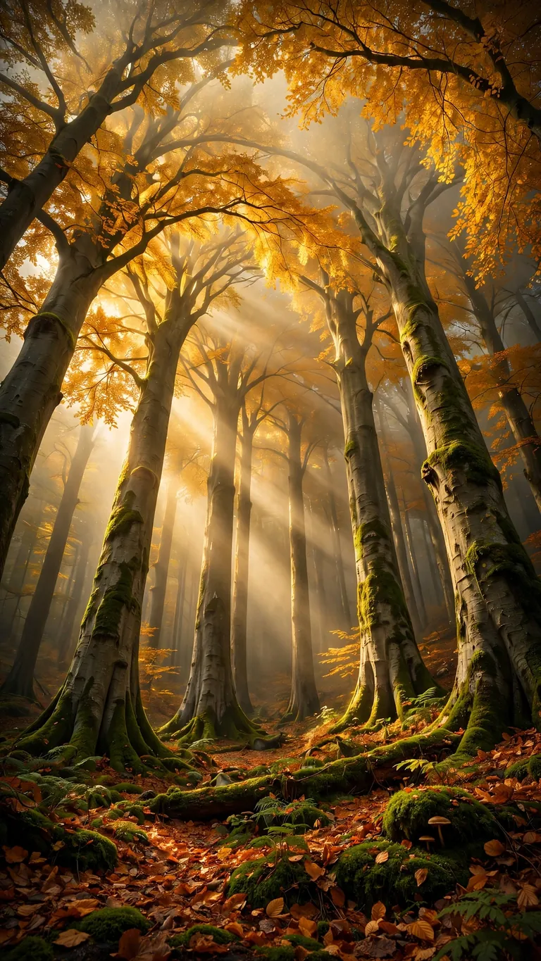 Phone wallpaper of golden beech forest with godrays