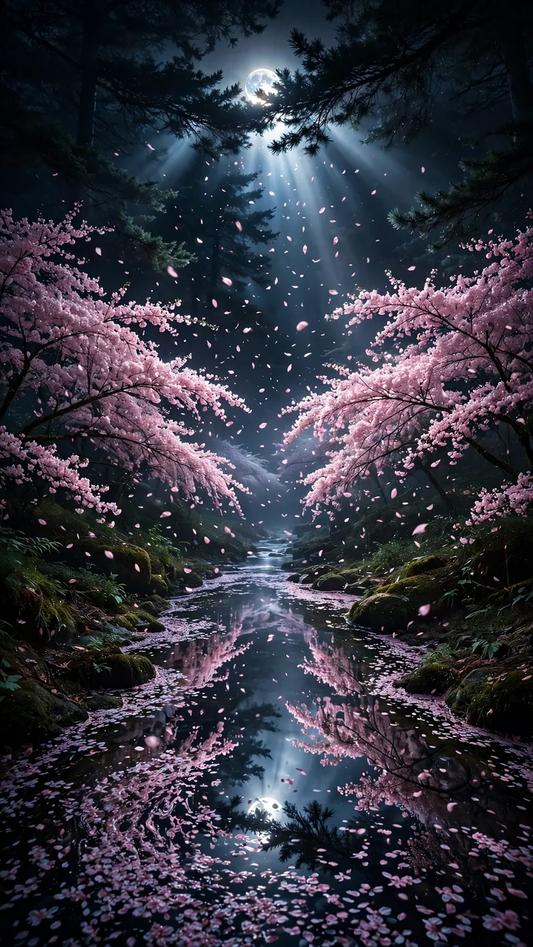 Phone wallpaper of moonlit cherry blossom stream