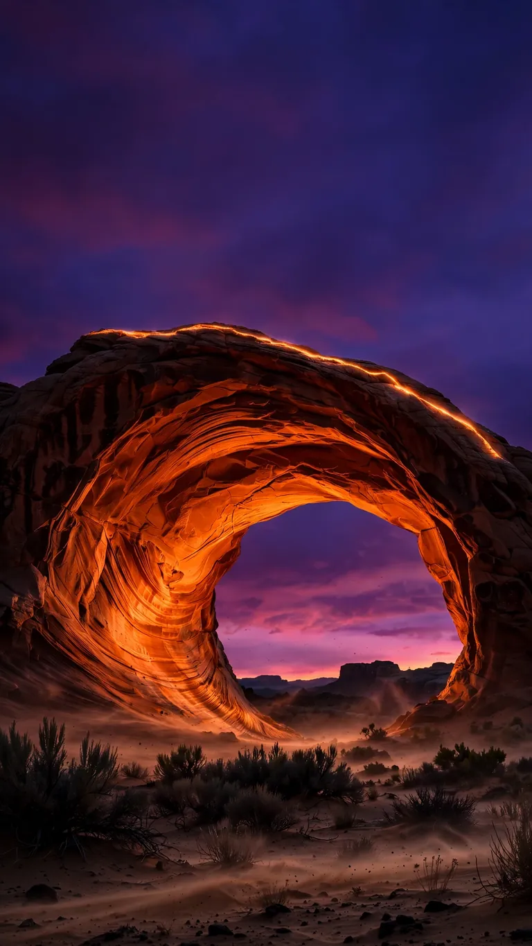 Phone wallpaper of desert sandstone arch at sunset